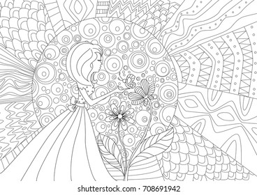 pretty girl with butterfly and abstract pattern of sun. coloring book page 