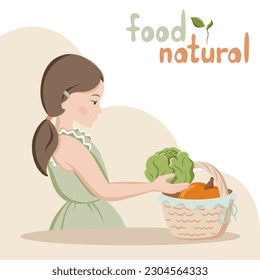 Pretty girl with cabbage and pumpkin in reusable straw basket. Organic farm. Gardening, agriculture and harvesting. Locally grown food. Simple isolated vector illustration in cartoon style. Veganuary