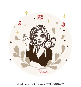 Pretty girl, Cancer, Zodiac sign, decoration, doodle postcard, cartoon