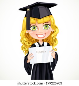 Pretty Girl In Cap And Gown Graduate Holding A Diploma