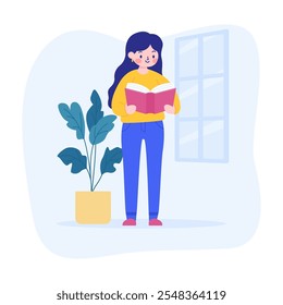 Pretty Girl Cartoon Character Reading a Book with Plant Decoration