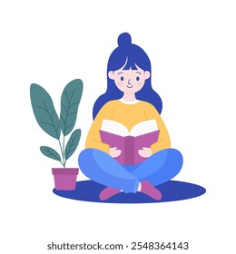 Pretty Girl Cartoon Character Reading a Book with Plant Decoration