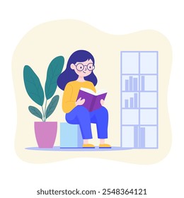 Pretty Girl Cartoon Character Wearing Glasses Sitting While Reading a Book in the Library