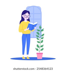 Pretty Girl Cartoon Character Wearing Glasses Standing While Reading a Book with Plant Decoration