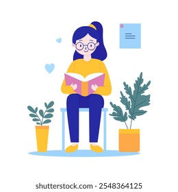 Pretty Girl Cartoon Character Wearing Glasses Sitting While Reading a Book at Home