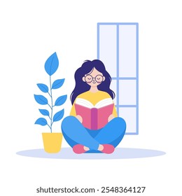 Pretty Girl Cartoon Character Wearing Glasses Sitting While Reading a Book at Home