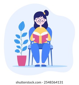 Pretty Girl Cartoon Character Wearing Glasses Reading a Book with Plant Decoration