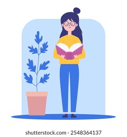 Pretty Girl Cartoon Character Wearing Glasses Standing While Reading a Book with Plant Decoration