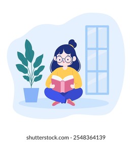 Pretty Girl Cartoon Character Wearing Glasses Sitting While Reading a Book at Home