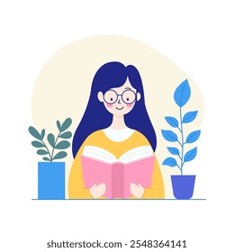 Pretty Girl Cartoon Character Wearing Glasses Reading a Book with Plant Decoration