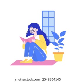 Pretty Girl Cartoon Character Wearing Glasses Sitting While Reading a Book at Home