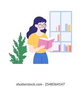 Pretty Girl Cartoon Character Wearing Glasses Standing While Reading a Book in the Library