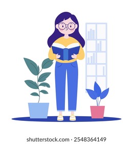 Pretty Girl Cartoon Character Wearing Glasses Standing While Reading a Book with Plant Decoration