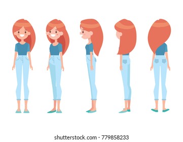 Pretty girl in casual clothes for animation. Front, side, back, 3/4 view character. Separate parts of body. Cartoon style, flat vector illustration.