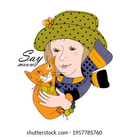 Pretty girl with cat and hat. Hand drawn illustration of friends. Vector illustration. Print on T-shirts, bags and other fashion products. Design for children's clothing and accessories.