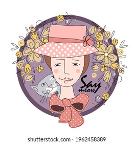 Pretty girl with cat and hat. Hand drawn illustration of friends. Vector illustration. Print on T-shirts, bags and other fashion products. Design for children's clothing and accessories.