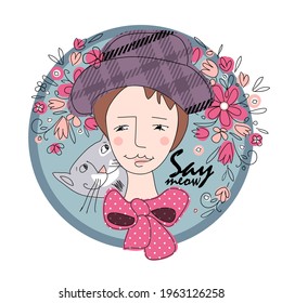 Pretty girl with cat and hat. Hand drawn illustration of friends. Vector illustration. Print on T-shirts, bags and other fashion products. Design for children's clothing and accessories.