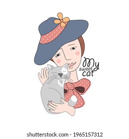 Pretty girl with cat and hat. Hand drawn illustration of friends. Vector illustration. Print on T-shirts, bags and other fashion products. Design for children's clothing and accessories.