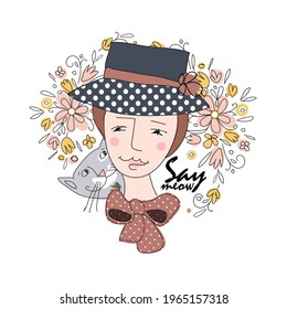 Pretty girl with cat and hat. Hand drawn illustration of friends. Vector illustration. Print on T-shirts, bags and other fashion products. Design for children's clothing and accessories.