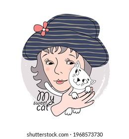 Pretty girl with cat and hat. Hand drawn illustration of friends. Vector illustration. Print on T-shirts, bags and other fashion products. Design for children's clothing and accessories.