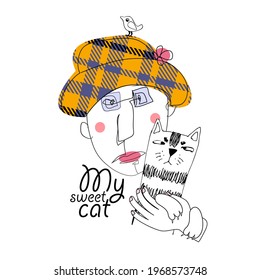Pretty girl with cat and hat. Hand drawn illustration of friends. Vector illustration. Print on T-shirts, bags and other fashion products. Design for children's clothing and accessories.