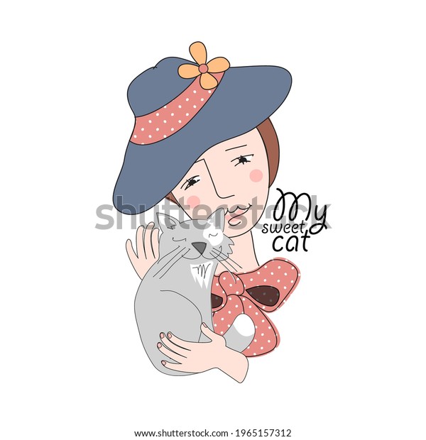 Pretty Girl Cat Hat Hand Drawn Stock Vector (Royalty Free) 1965157312