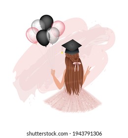 Pretty girl celebrate graduation with balloons. Vector design isolated