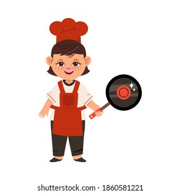 Pretty Girl Chef in Toque and Apron Holding Frying Pan Vector Illustration