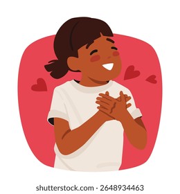 Pretty girl child cartoon character showcasing love emotion holding hands on chest and shiny smiling bubble portrait. Happiness and self-love, charity and gratitude kid expression vector illustration
