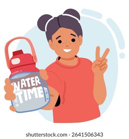 Pretty girl child character enjoying refreshment and stay hydrated promoting water time cartoon vector illustration. Children health care and habits for wellbeing advertisement balloon design