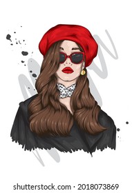 Pretty girl in a clothes and beret. Vector illustration. Fashion and style, clothing and accessories. 