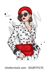 Pretty girl in a clothes and beret. Vector illustration. Fashion and style, clothing and accessories. 