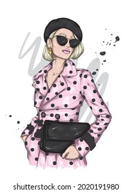 Pretty girl in a clothes and beret. Vector illustration. Fashion and style, clothing and accessories. 