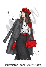 Pretty girl in a clothes and beret. Vector illustration. Fashion and style, clothing and accessories. 