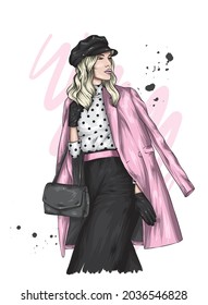 Pretty girl in a clothes and beret. Vector illustration. Fashion and style, clothing and accessories. 