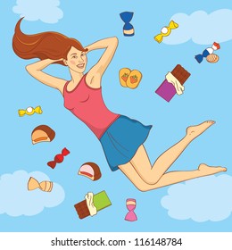 Pretty girl in the clouds.Vector illustration.
