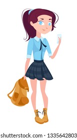 Pretty girl college student in a school uniform, a plaid skirt, shirt, shoes, with a backpack, looks at the phone, communicates in social networks.Vector illustration Isolated on white background
