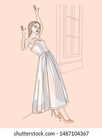 Pretty girl continuous line drawing minimalist design on white background. One line drawing body. Modern minimalism art, aesthetic contour. Abstract woman portrait minimalist style. Single line vector