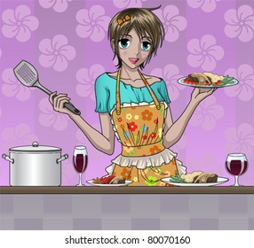 Pretty Girl Cooking Delicious Food in Kitchen