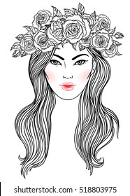 Pretty girl with crown of roses flowers in her hair. Female portrait or summer fairy or nymph. Vector isolated illustration. Fantasy, beauty, boho style, coloring books. 