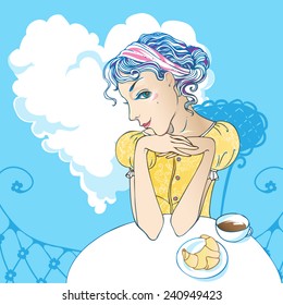 Pretty girl with cup of coffee. Vector illustration. Valentines Day greeting card. 