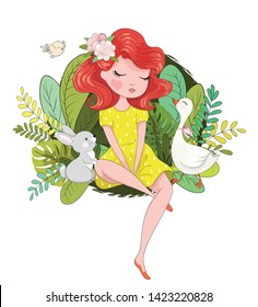 Pretty girl with cute animals in forest vector illustration