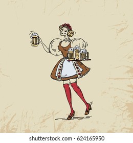 Pretty girl in Czech national costume with mugs of beer on the tray. Holidays. Czech Beer Festival. Vintage postcard. Vector hand drawn illustration