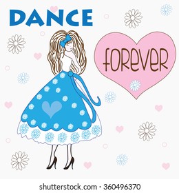 pretty girl in dance frock with flowers and hearts vector illustration