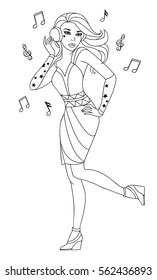 Pretty girl dancing isolated on white background. Vector illustration for relax anti stress coloring page. Pop singer fashion look.