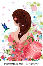 pretty girl with dark hair in flowers for your design