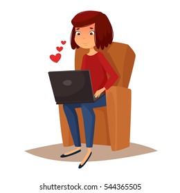 Pretty girl with dark hair sitting on a chair with a laptop on her lap. From laptop crashes heart. Cartoon vector illustration. Character
