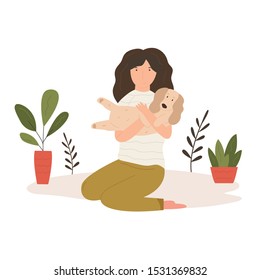 Pretty girl dog owner. Scene with pet. Vector illustration in flat style