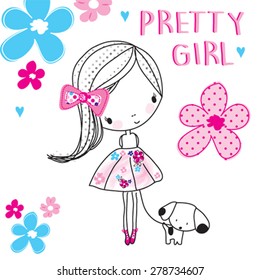 pretty girl with dog, T-shirt design vector illustration