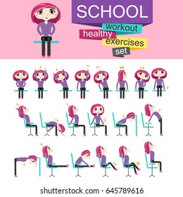 Pretty girl is doing exercises on the office chair.Woman in healthy poses set. Vector illustration.